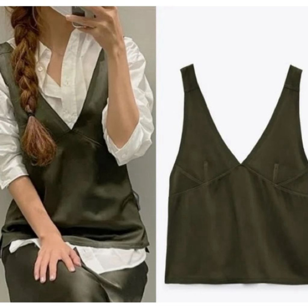 Zara camisole tank top v neck olive green satin academia shirt sz xs NWT